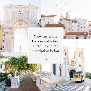 May include: A collage of images showcasing Lisbon, Portugal. The top left image shows a white archway with a clock face. The top right image shows a cityscape with white buildings and red tile roofs. The bottom left image shows a walkway lined with white columns and green trees. The bottom right image shows a yellow tram traveling down a street with a white building in the background. The text "View my entire Lisbon collection at the link in the description below" is superimposed on the images.