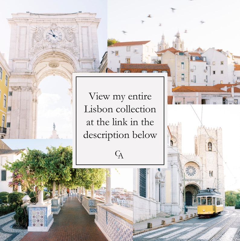 May include: A collage of images showcasing Lisbon, Portugal. The top left image shows a white archway with a clock face. The top right image shows a cityscape with white buildings and red tile roofs. The bottom left image shows a walkway lined with white columns and green trees. The bottom right image shows a yellow tram traveling down a street with a white building in the background. The text "View my entire Lisbon collection at the link in the description below" is superimposed on the images.