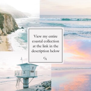May include: A collage of four images featuring coastal scenes. The top left image shows a rocky coastline with a sandy beach and ocean waves. The top right image shows a blue ocean with white waves. The bottom left image shows a lifeguard tower on a sandy beach. The bottom right image shows a pink and orange sunset over the ocean.