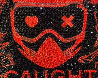 May include: A book cover with a black background covered in sparkling embellishments. The title "CAUGHT UP" is in red, along with the author's name "NAVESSA ALLEN". A red graphic of a helmet and mask is in the center. The text "AN INTO DARKNESS NOVEL" is at the bottom.