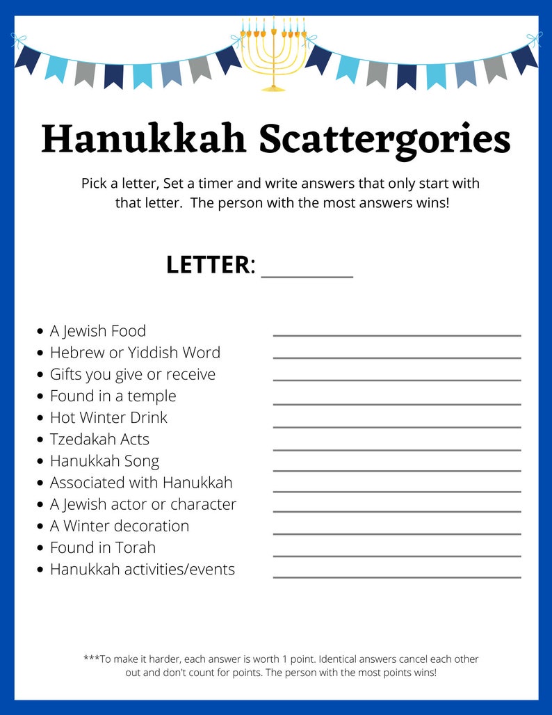 Hanukkah Scattergories, Scattergories, Hanukkah Party Games, Hanukkah ...