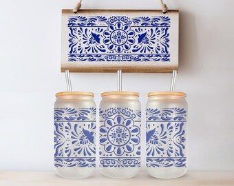 Talavera Inspired Frosted Glass Can Cup (16 Oz)