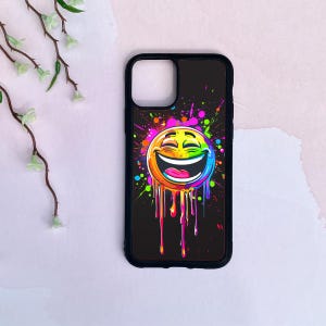 Neon Smiley Face Phone Case iPhone | Colorful Drip Art Case | Trippy Vibe Aesthetic | Bright Groovy Protective Cover