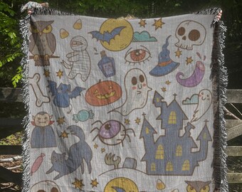 Kawaii Doodles Woven Throw Blanket Kawaii Aesthetic Blanket Witchy Blanket Witch Blankets Pastel Goth Blanket Hallowen Gift Home Decor Gifts