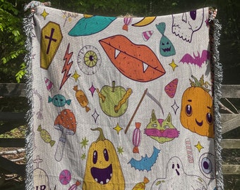 Bright Halloween Doodles Woven Blanket Halloween Blanket Gothic Blanket Witchy Blanket Witch Throw Blanket Home Decor Mystical Blankets