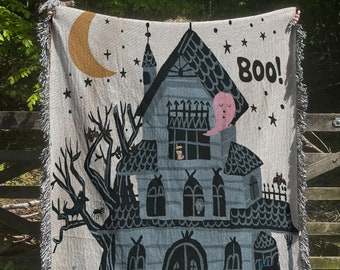 Halloween Blanket Haunted House Woven Blanket Halloween Blanket Gothic Blanket Witchy Blanket Witch Throw Blanket Home Decor Spooky Blankets