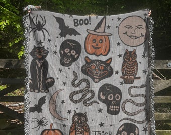 Vintage Halloween Doodles Woven Blanket Halloween Blanket Gothic Blanket Witchy Blanket Witch Throw Blanket Home Decor Mystical Blankets