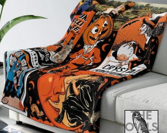 Manta polar vintage de Halloween, manta retro de bruja de Halloween, manta acogedora de otoño, manta de Halloween, manta de tarot, decoración gótica para el hogar