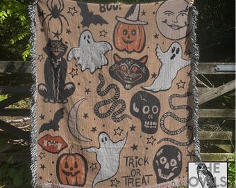 Vintage Halloween Doodles Woven Blanket Halloween Blanket Gothic Blanket Witchy Blanket Witch Throw Blanket Home Decor Mystical Blankets