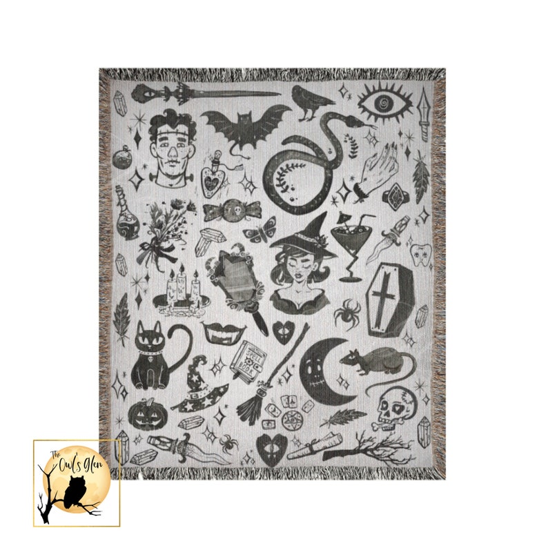 May include: Black and white woven throw blanket with a repeating pattern of various witchy and spooky imagery, including a witch, a cat, a snake, a coffin, a skull, a crescent moon, a spider, a potion bottle, a broom, a heart, a bat, a hand, a dagger, a feather, a crystal, a candle, a mirror, a tooth, a pumpkin, a star, and a crescent moon.