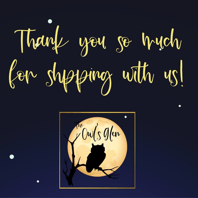 Puede incluir: Muchas gracias por comprar con nosotros! El logotipo de The Owl's Glen presenta una silueta de un b&uacute;ho posado en una rama frente a una luna amarilla sobre un fondo azul oscuro con estrellas blancas.