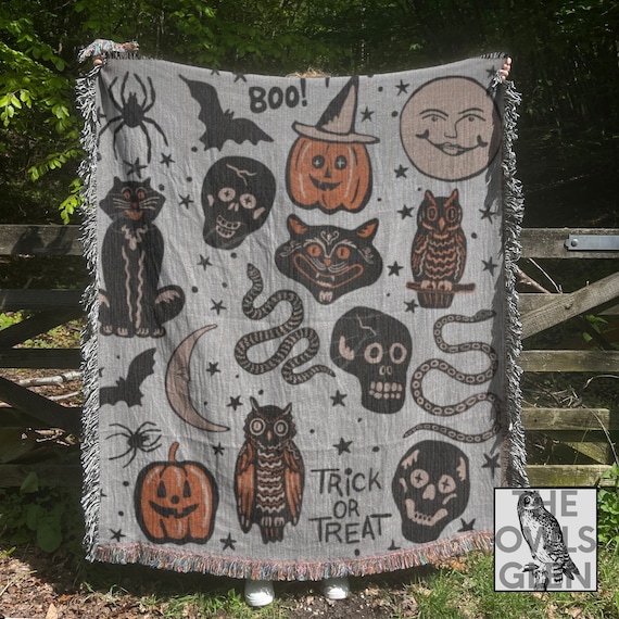 Vintage Halloween Doodles Woven Blanket Halloween Blanket Gothic Blanket Witchy Blanket Witch Throw Blanket Home Decor Mystical Blankets