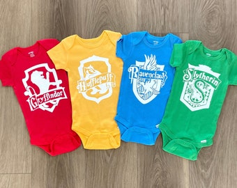 Wizard House ONESIES® brand bodysuits, sorcerer sorting bodysuits, 9 3/4 month house sorting ONESIES®, wizard first birthday party