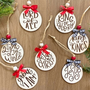 This shows seven of our names of Christ Ornaments.