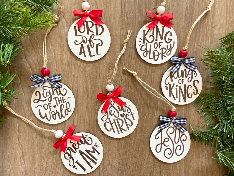 This shows seven of our names of Christ Ornaments.