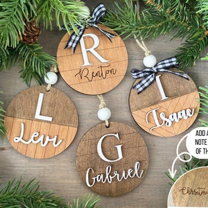 Custom Farmhouse Ornament, Initial Christmas Ornament, Last Name Monogramed Ornament,  Shiplap Stocking Tag, Rustic Holiday Ornament