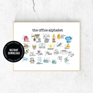 May include: A colourful alphabet chart featuring illustrations from the popular TV show "The Office". Each letter is paired with a memorable quote or reference from the show, such as "Bears. Beets. Battlestar Galactica", "Identity Theft is Not a Joke", and "That's What She Said".