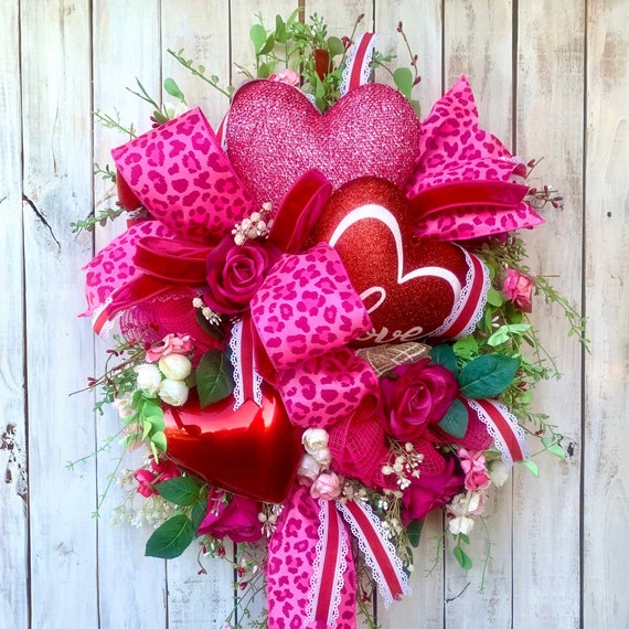 Pink Valentines Wreath for Front Door, Anniversary Gift for Her