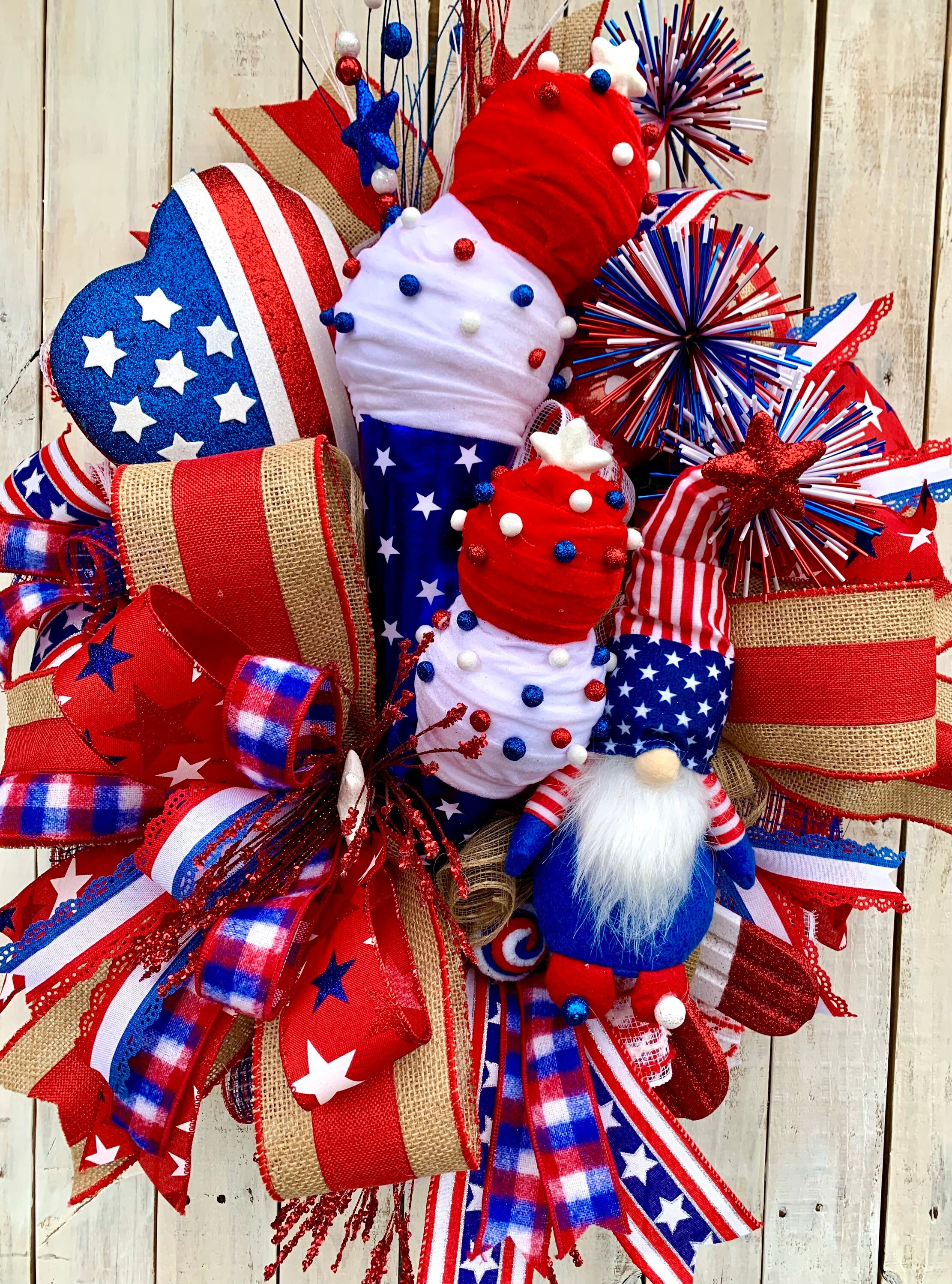 July Fourth Home Decor, Memorial Day Decor, Red White and Blue Patriotic Wreath, Gnome Patriotic