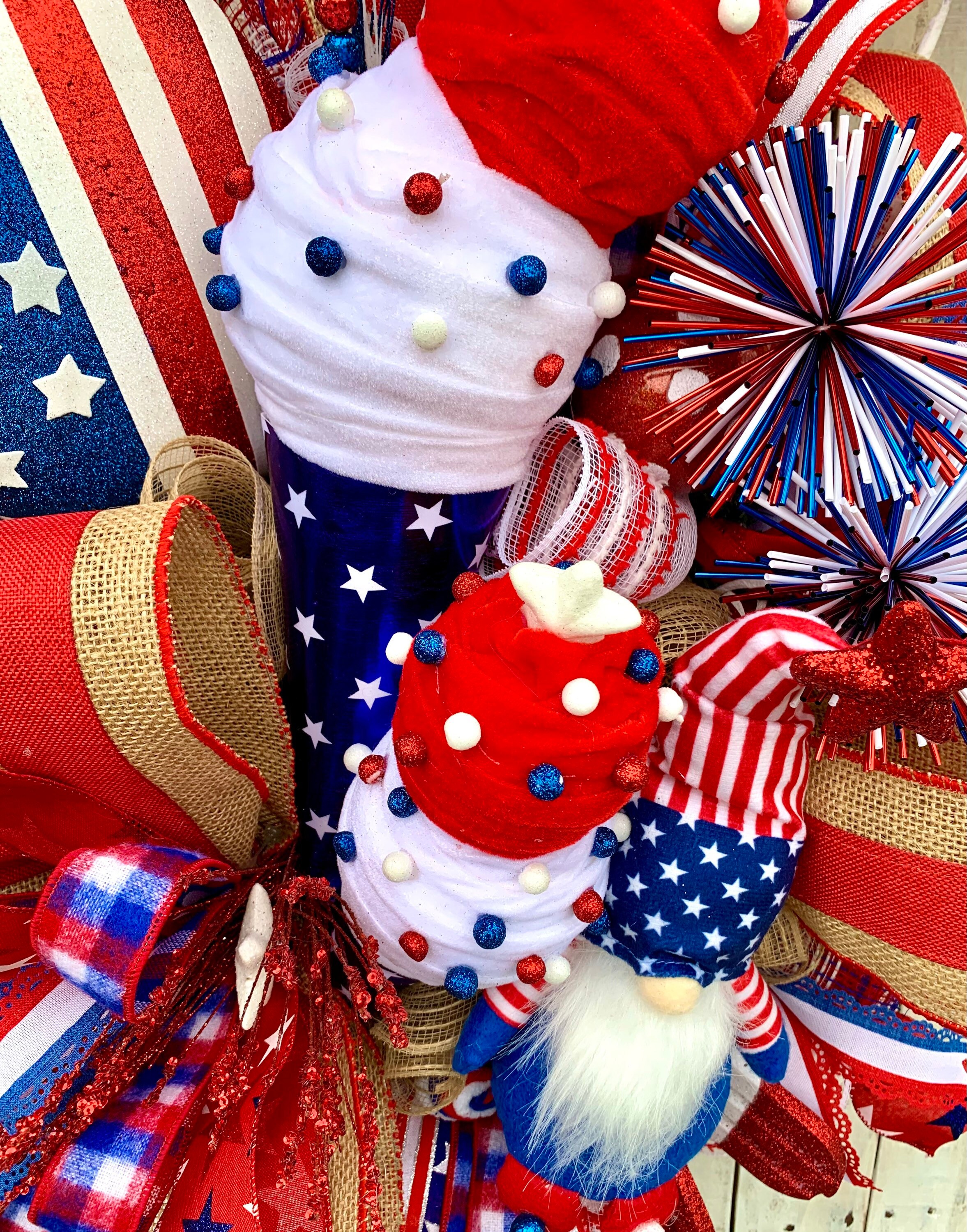 July Fourth Home Decor, Memorial Day Decor, Red White and Blue Patriotic Wreath, Gnome Patriotic