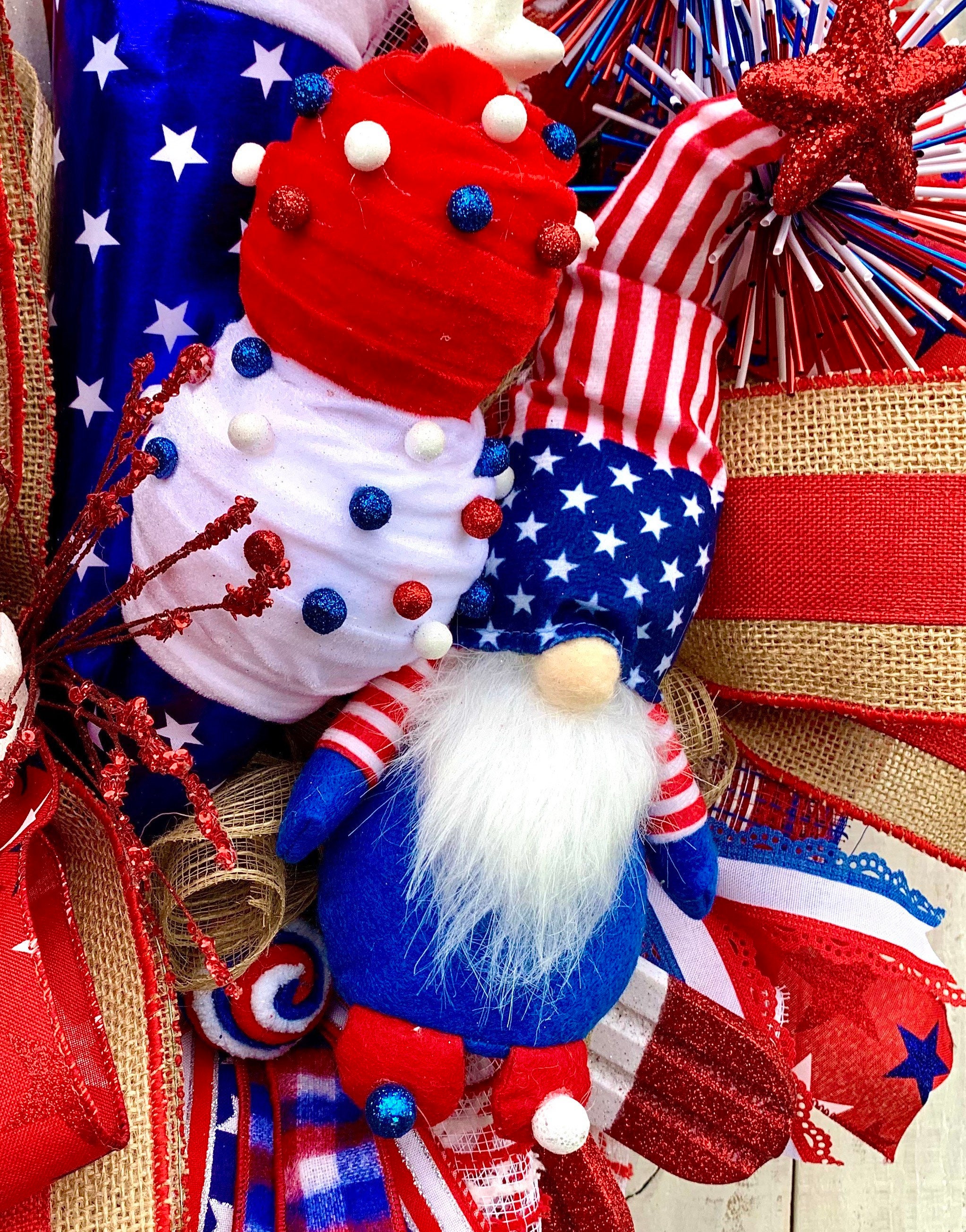 July Fourth Home Decor, Memorial Day Decor, Red White and Blue Patriotic Wreath, Gnome Patriotic