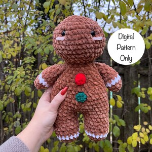 May include: A crocheted gingerbread man toy with white icing details, red and green buttons, and black eyes. The toy is held in a hand against a blurred background of green leaves and a wooden fence. The text "Digital Pattern Only" is visible in a white circle.