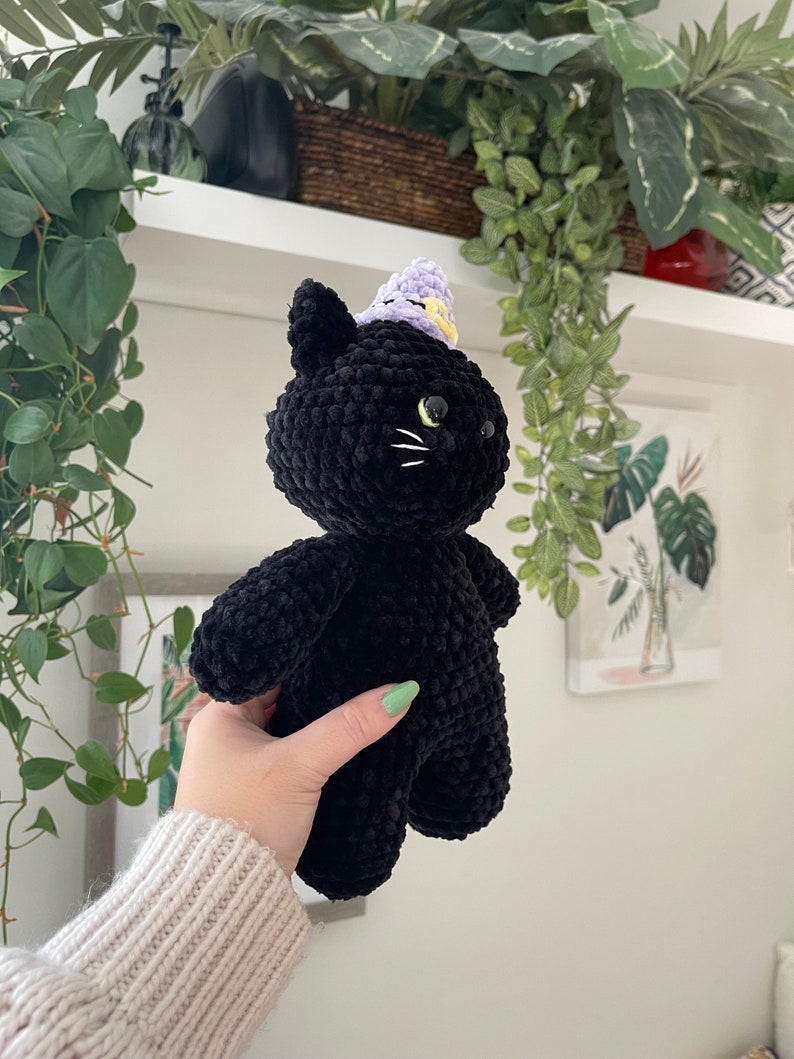 May include: A black crocheted cat plush toy wearing a purple and yellow crocheted hat. The cat has green eyes and a white crocheted nose.