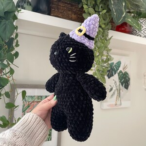 May include: Black crocheted plush cat wearing a purple witch hat with a yellow buckle. The cat has black eyes and a white stitched nose and whiskers.