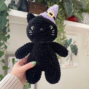May include: A black crocheted cat wearing a purple and yellow witch hat. The cat is holding its paws up in the air.