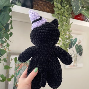 May include: Black crocheted cat plush toy wearing a purple and black witch hat.