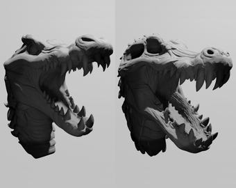 May include: Two grayscale sculptures of a dragon's head with open mouths, displaying detailed textures and sharp teeth. The sculptures are placed side-by-side against a plain background, emphasising the intricate design of the mythical creature.