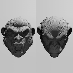 Könnte beinhalten: Zwei grau dargestellte 3D-gerenderte Gorillakopf-Skulpturen. Ein Kopf wird mit offenem Mund und Zähnen gezeigt, der andere ist eine Version mit geschlossenem Mund. Beide haben detaillierte Fellstrukturen und gerunzelte Augenbrauen.