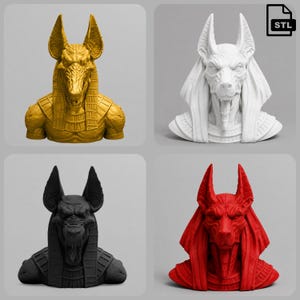 May include: Four busts of the Egyptian deity Anubis, each featuring a canine head with tall pointed ears and traditional headgear. The busts are presented in solid gold, white, black, and red colors, with an STL file icon in the top right corner.