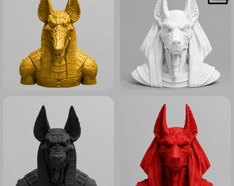 May include: Four busts of the Egyptian deity Anubis, each featuring a canine head with tall pointed ears and traditional headgear. The busts are presented in solid gold, white, black, and red colors, with an STL file icon in the top right corner.