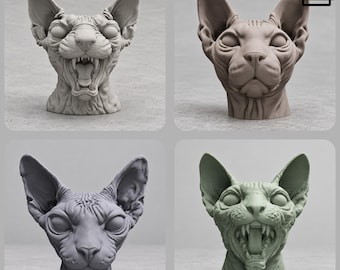 May include: A collection of four 3D printed Sphynx cat head sculptures. Two sculptures show the cat with an open mouth revealing teeth, while two show the cat with a closed mouth. The figures are rendered in shades of gray, brown, and light green.