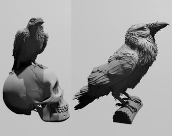 Puede incluir: Dos esculturas detalladas de aves. Una es un cuervo posado en un tronco, la otra es un pájaro más pequeño sobre un cráneo humano. Ambas están en una escala de grises, con intrincados detalles de plumas.