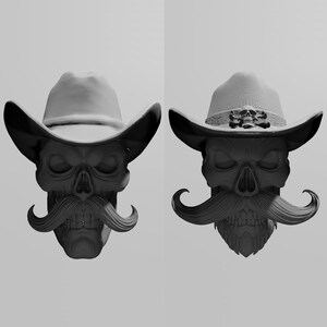 Cowboy med mustacherad skallehuvudprydnad STL 3D-utskriftsfiler (set om 2)