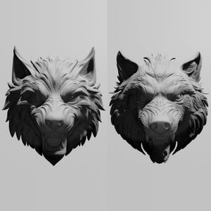 May include: Two grayscale wolf head sculptures, each with detailed fur and open mouths revealing teeth. The sculptures are mounted on a light gray background, showcasing the intricate design and texture of the wolf's features.