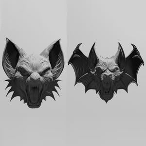 May include: Two grayscale bat head sculptures with open mouths and sharp teeth. One sculpture has large ears and a detailed face. The other has large wings and a detailed face. The sculptures are on a light grey background.