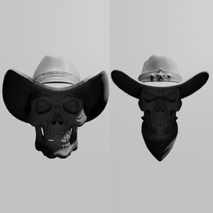 Può includere: Due sculture di teschi in scala di grigi con cappelli da cowboy. Un teschio ha un cappello semplice, l'altro ha una stella sul cappello e una bandana. I teschi hanno dettagli e sono su uno sfondo semplice.