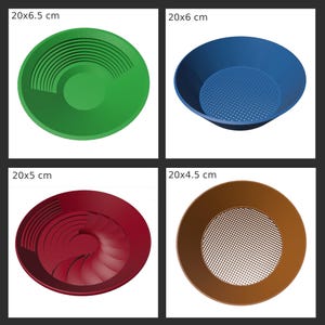 May include: Four prospecting pans in green, blue, red, and brown. The green pan is 20 x 6.5 cm, the blue pan is 20 x 6 cm, the red pan is 20 x 5 cm, and the brown pan is 20 x 4.5 cm. Each pan has a different design for sifting materials.