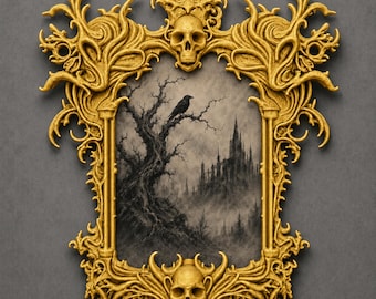 Victorian Skull Wall Art, Gothic Photo Frame, Dark Home Decor, Baroque Frame, Goth Gift, 3D Printed