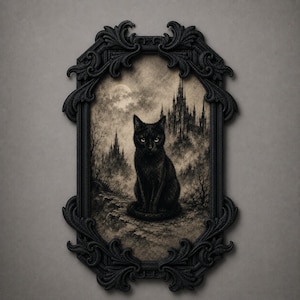 Könnte beinhalten: Eine schwarze Katze sitzt in der Mitte eines gerahmten Kunstwerks. Das Bild zeigt eine dunkle, neblige Landschaft mit einer hohen, spitzen Burg und einem Vollmond im Hintergrund. Der Rahmen ist schwarz, verziert und weist komplexe Schnitzereien auf.