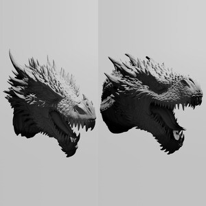May include: Two grayscale images of a dragon's head, one with its mouth closed and the other open, revealing sharp teeth and a long tongue. The dragon's head features detailed scales, horns, and a textured surface, creating a realistic fantasy creature.