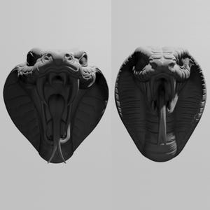 Può includere: Due sculture dettagliate di teste di cobra grigie sono mostrate affiancate. Le teste di cobra sono in posa a bocca aperta, con zanne e lingue visibili. Le sculture hanno una superficie strutturata e sono ambientate su uno sfondo neutro.