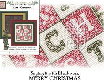 MERRY CHRISTMAS - Needlework, Blackwork, Blackwork Fill Sampler, Christmas, Saying it with Blackwork, Download