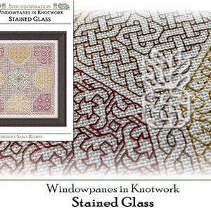 Könnte beinhalten: Ein Kreuzstichmuster mit einem geometrischen Design und einem Glasmalereieffekt. Das Muster heißt "Windowpanes in Knotwork" und wurde von Sally Rudkin entworfen.