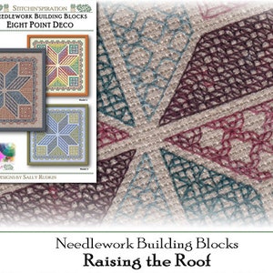 May include: A close-up of a cross-stitch pattern with a geometric design. The pattern is made up of eight-pointed stars in shades of red, blue, and green. The text "Needlework Building Blocks Raising the Roof" is visible at the bottom of the image.