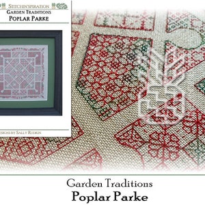 Może przedstawiać: Wzór do haftu krzyżykowego zatytułowany "Garden Traditions Poplar Parke" z małą próbką wzoru w ramce. Wzór przedstawia geometryczny wzór z czerwoną, zieloną i białą nicią.