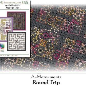 May include: An A-Maze-ments Round Trip embroidery pattern featuring a colourful geometric design with a black background. The pattern is titled "A-Maze-ments Round Trip" and is designed by Sally Rudkin.